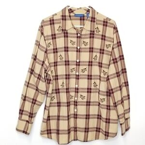 Karen Scott Womens Tan Plaid Paisley LongSleeve  Embroidered Button Up Shirt , L